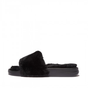 Black Fitflop Iqushion Shearling Slides Women's Slides | PH-0845CXJAU