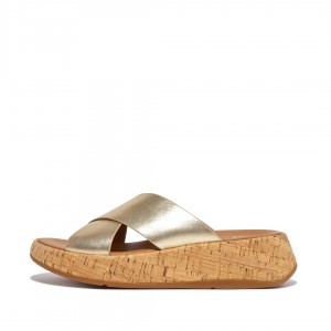 Gold Fitflop F-Mode Metallic Cross Slides Women's Slides | PH-3961MRYAU