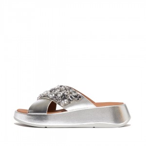 Silver Fitflop F-Mode Leather Women's Slides | PH-6798KJGYW