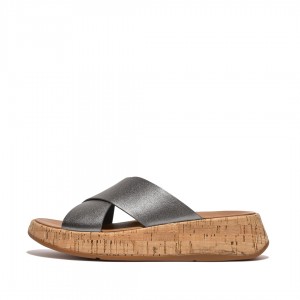 Silver Fitflop F-Mode Metallic Cross Slides Women's Slides | PH-8534TYHOF