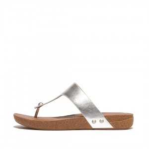 Silver Fitflop Iqushion Leather Thongs Women's Toe-Post Sandals | PH-0159IRSZK