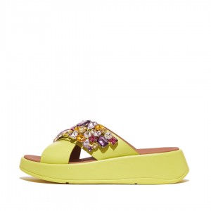 Yellow Fitflop F-Mode Leather Women's Slides | PH-1507AMRWT