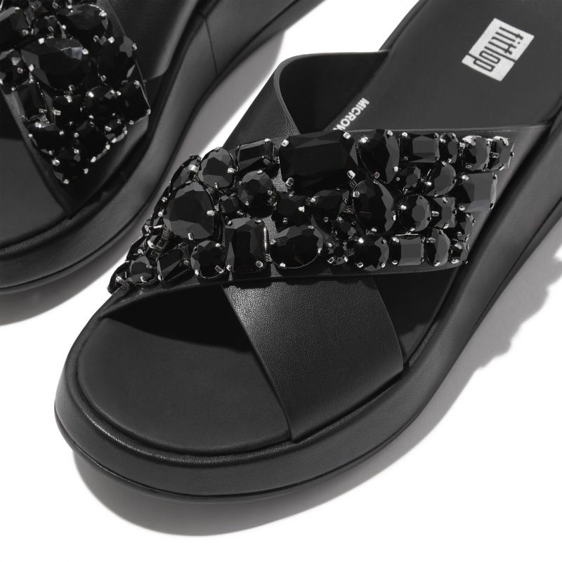 Black Fitflop F-Mode Leather Women's Slides | PH-9812YSEKQ