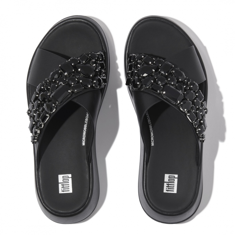 Black Fitflop F-Mode Leather Women's Slides | PH-9812YSEKQ