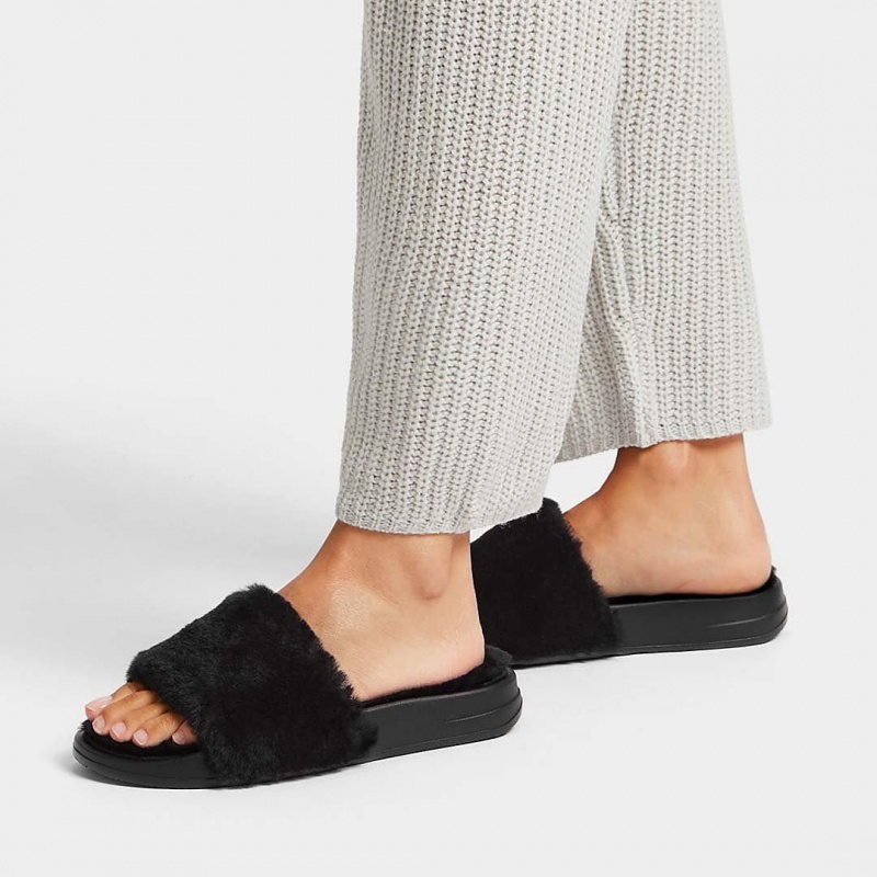 Black Fitflop Iqushion Shearling Slides Women's Slides | PH-0845CXJAU