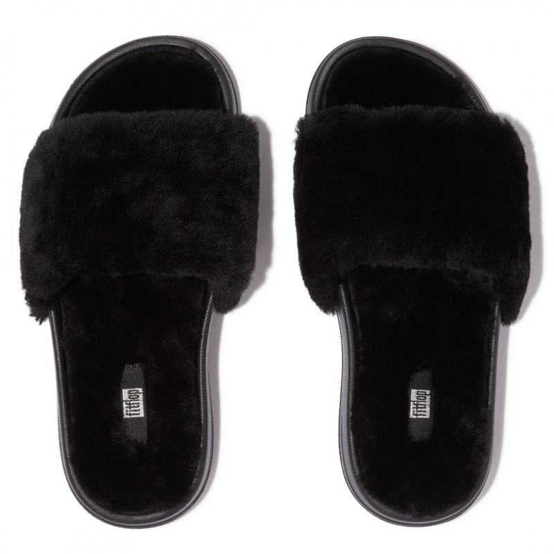 Black Fitflop Iqushion Shearling Slides Women's Slides | PH-0845CXJAU