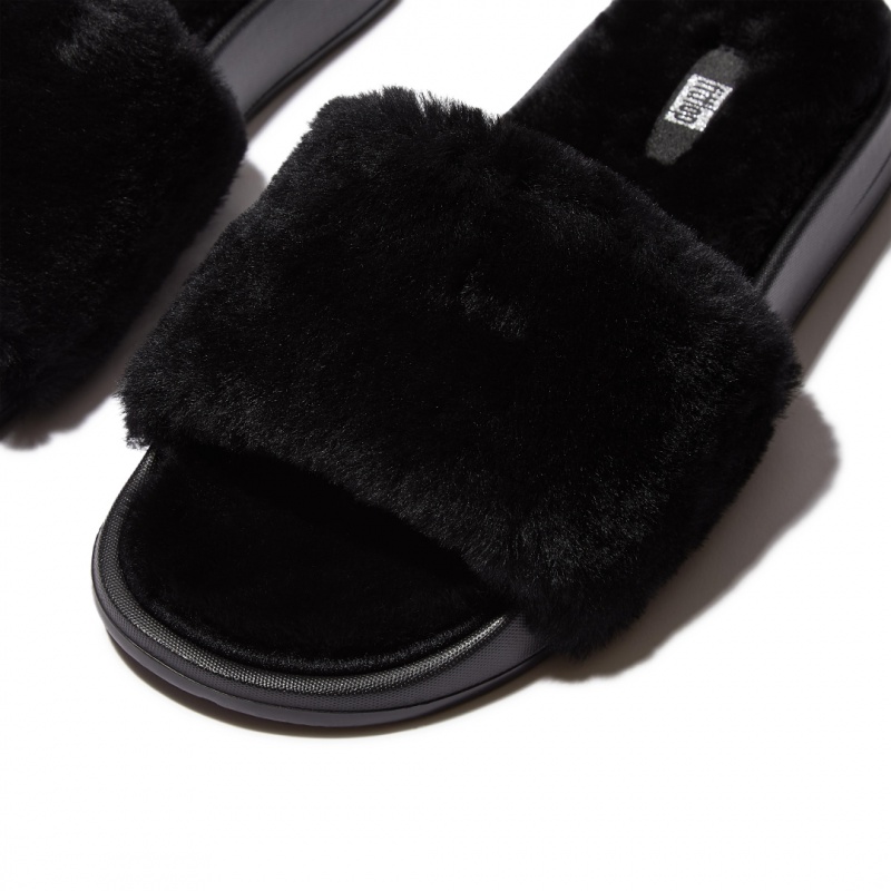 Black Fitflop Iqushion Shearling Slides Women's Slides | PH-0845CXJAU