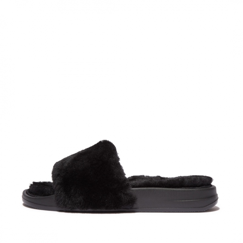 Black Fitflop Iqushion Shearling Slides Women\'s Slides | PH-0845CXJAU