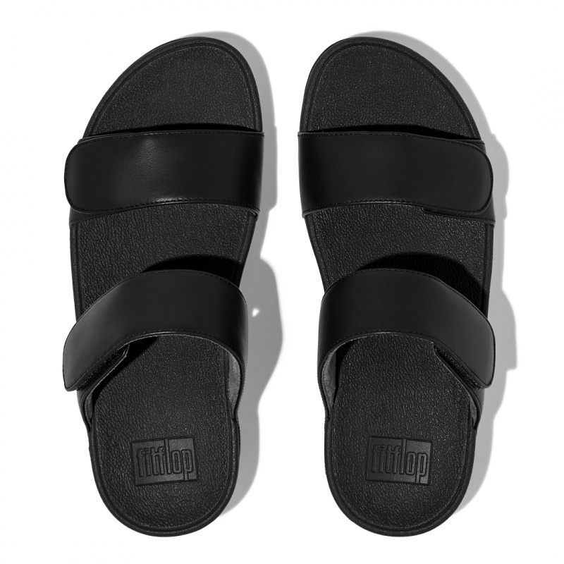 Black Fitflop Lulu Adjustable Metallic Leather Women's Slides | PH-3817GSEMQ