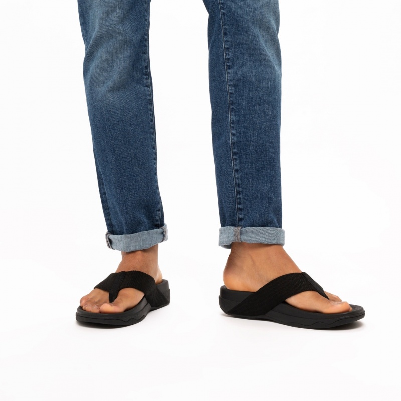 Black Fitflop Surfer Polyester Men's Toe-Post Sandals | PH-2431ZATBK