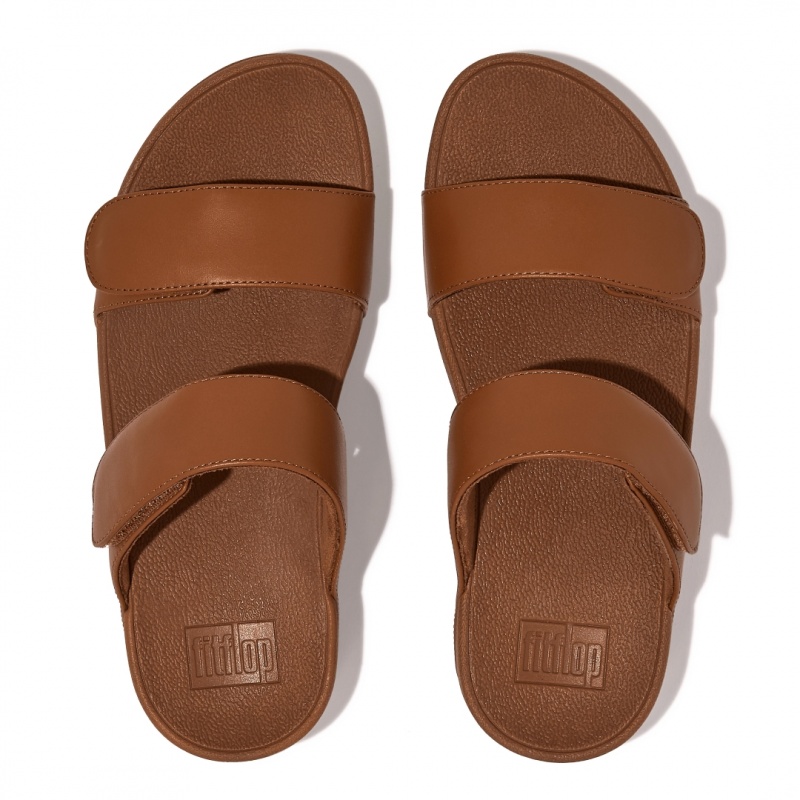 Brown Fitflop Lulu Adjustable Metallic Leather Women's Slides | PH-0297AJFVZ