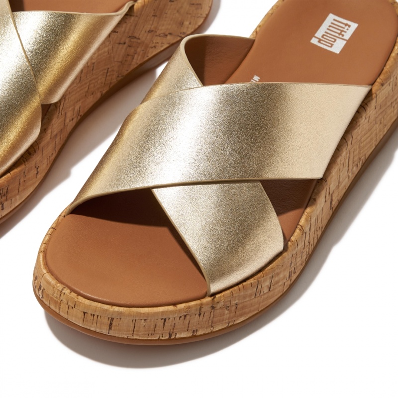 Gold Fitflop F-Mode Metallic Cross Slides Women's Slides | PH-3961MRYAU