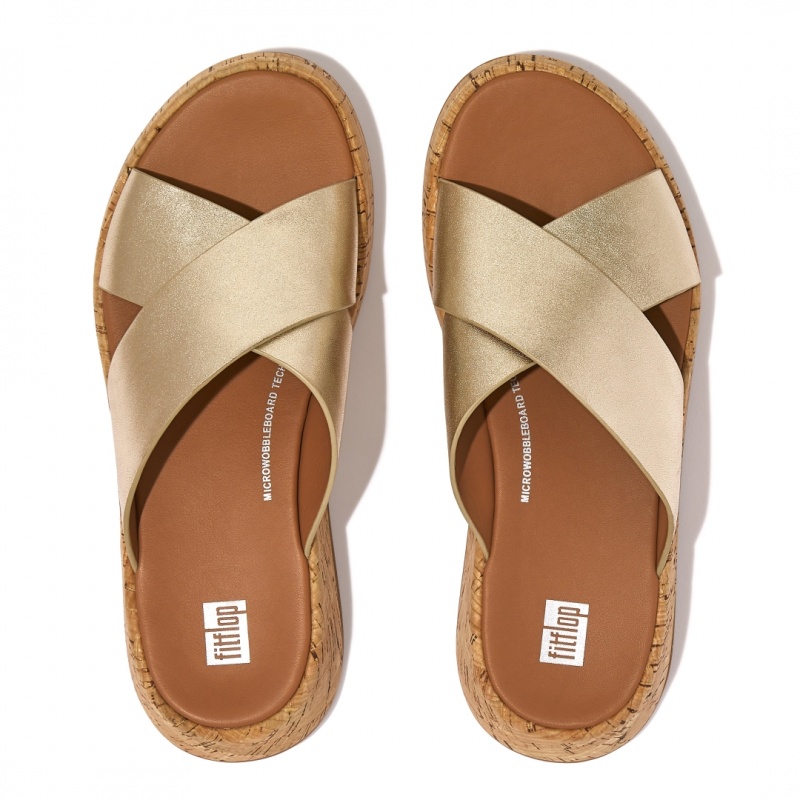 Gold Fitflop F-Mode Metallic Cross Slides Women's Slides | PH-3961MRYAU