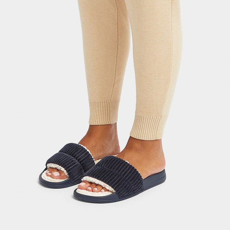 Navy Fitflop Iqushion Corduroy Polyester Slides Women's Slides | PH-9072UPNTH