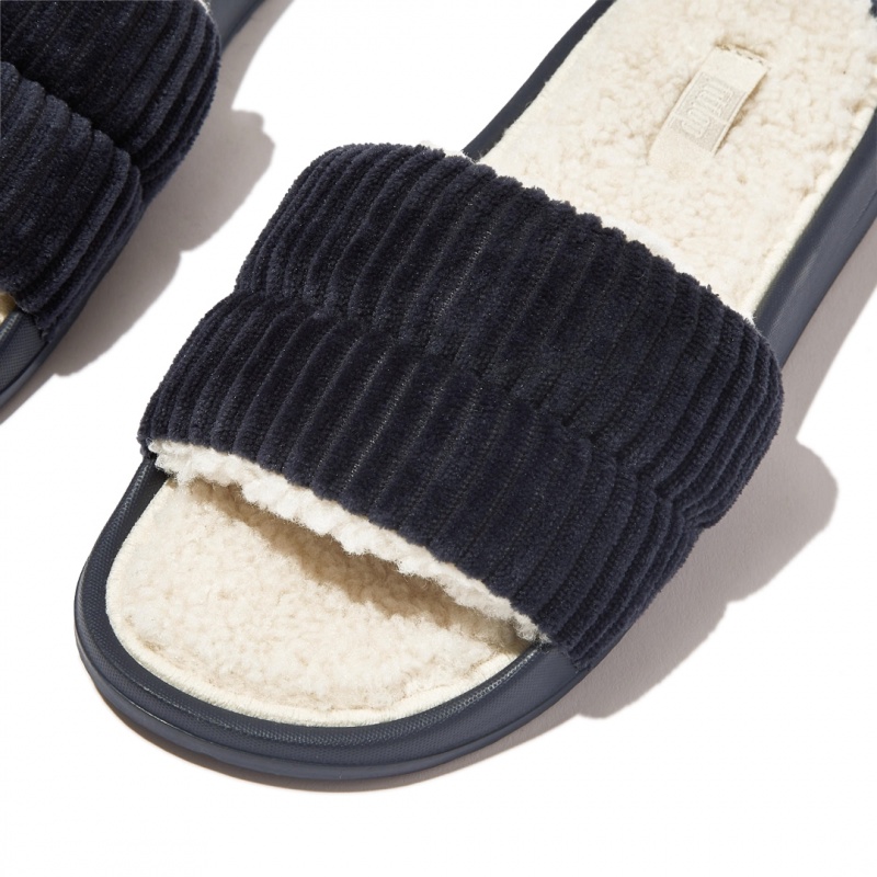 Navy Fitflop Iqushion Corduroy Polyester Slides Women's Slides | PH-9072UPNTH