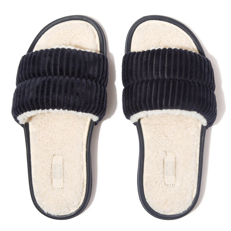 Navy Fitflop Iqushion Corduroy Polyester Slides Women's Slides | PH-9072UPNTH