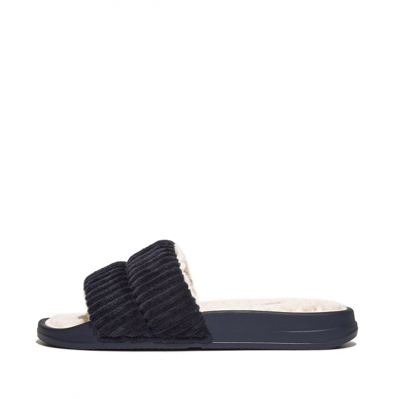 Navy Fitflop Iqushion Corduroy Polyester Slides Women\'s Slides | PH-9072UPNTH