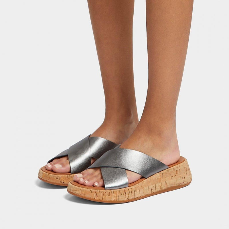 Silver Fitflop F-Mode Metallic Cross Slides Women's Slides | PH-8534TYHOF