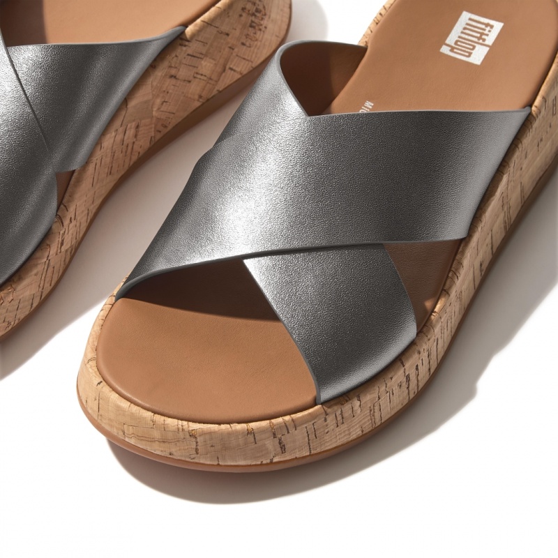 Silver Fitflop F-Mode Metallic Cross Slides Women's Slides | PH-8534TYHOF