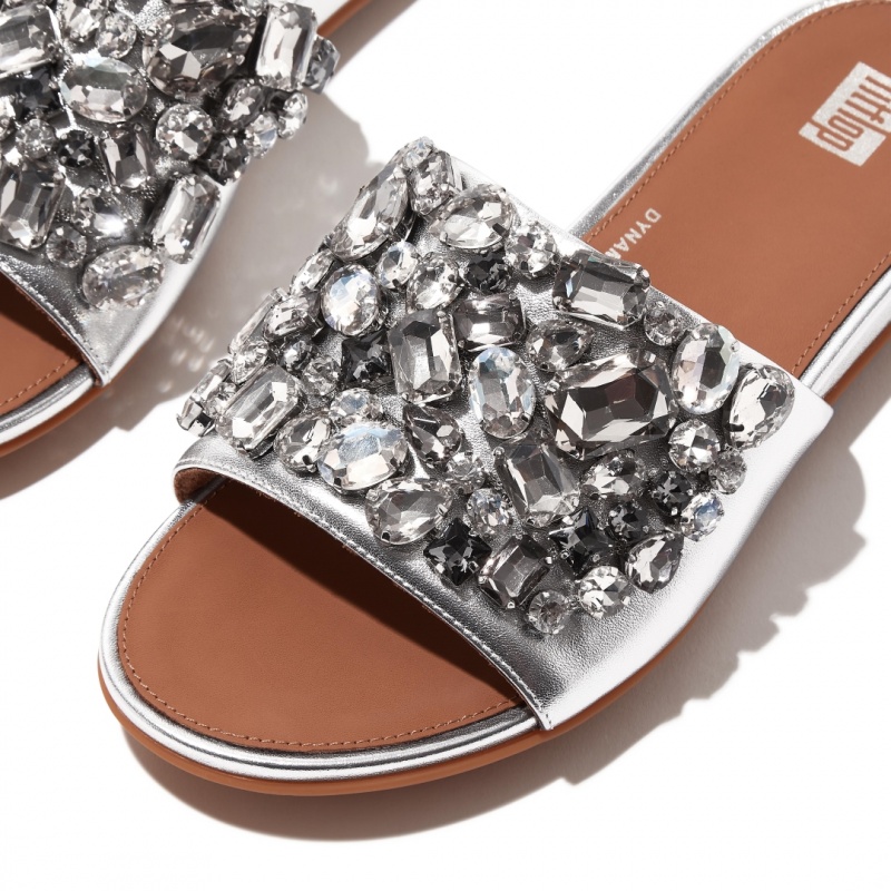 Silver Fitflop Gracie Leather Women's Slides | PH-0649ZNTDY