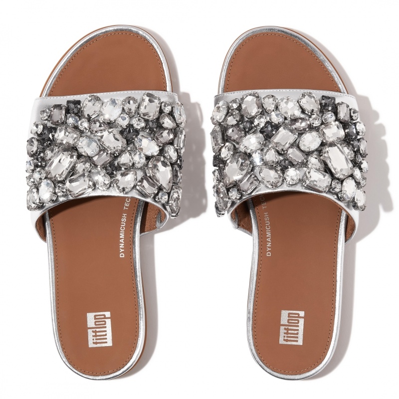 Silver Fitflop Gracie Leather Women's Slides | PH-0649ZNTDY