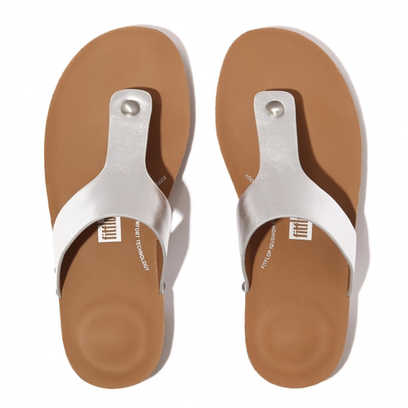 Silver Fitflop Iqushion Leather Thongs Women's Toe-Post Sandals | PH-0159IRSZK